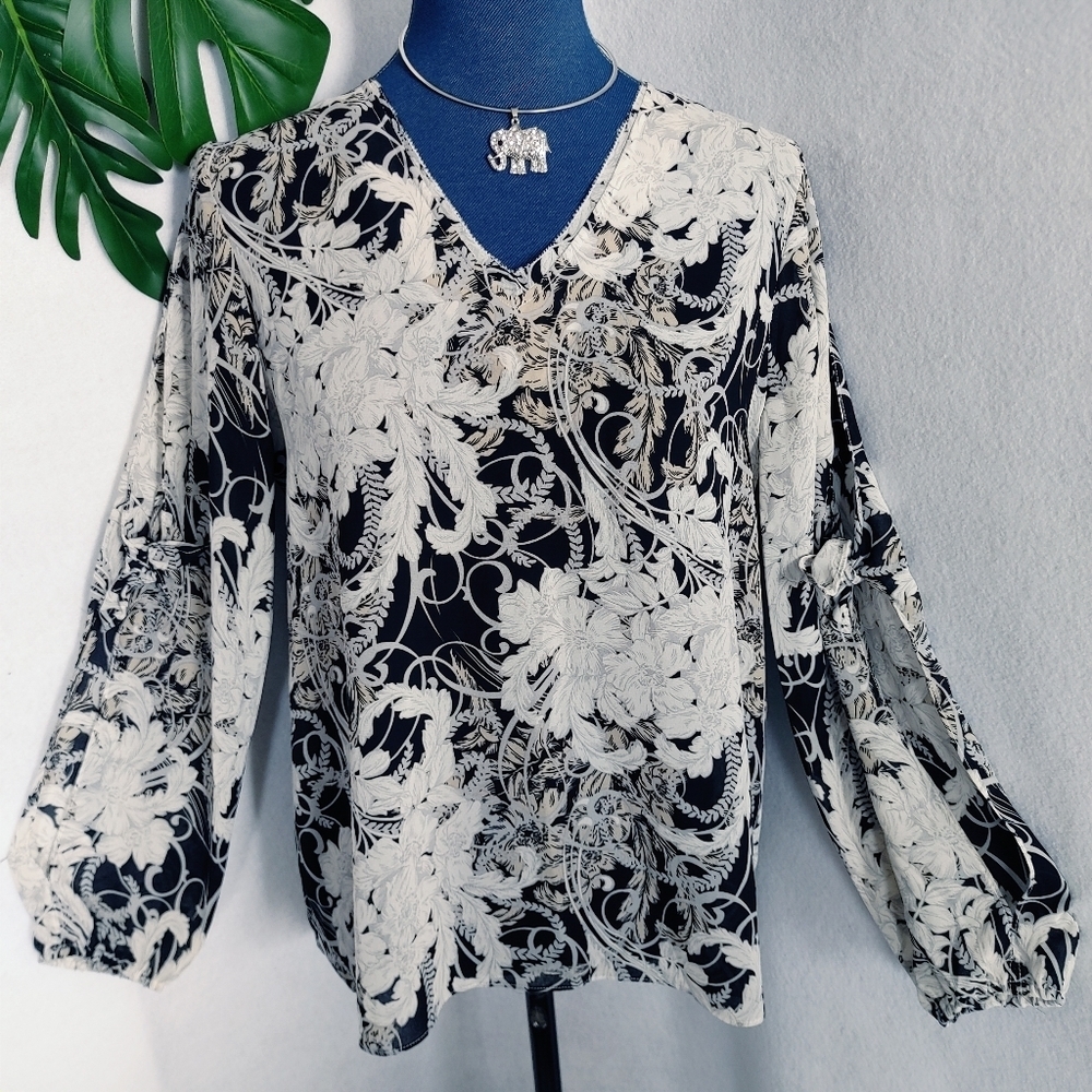 Cato Open Tie Sleeve Floral Blouse Top